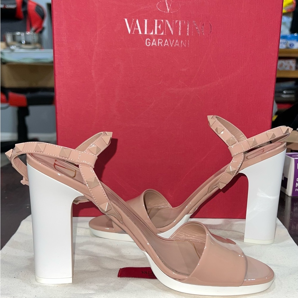 Valentino Garavani Tan and White Heeled Sandals